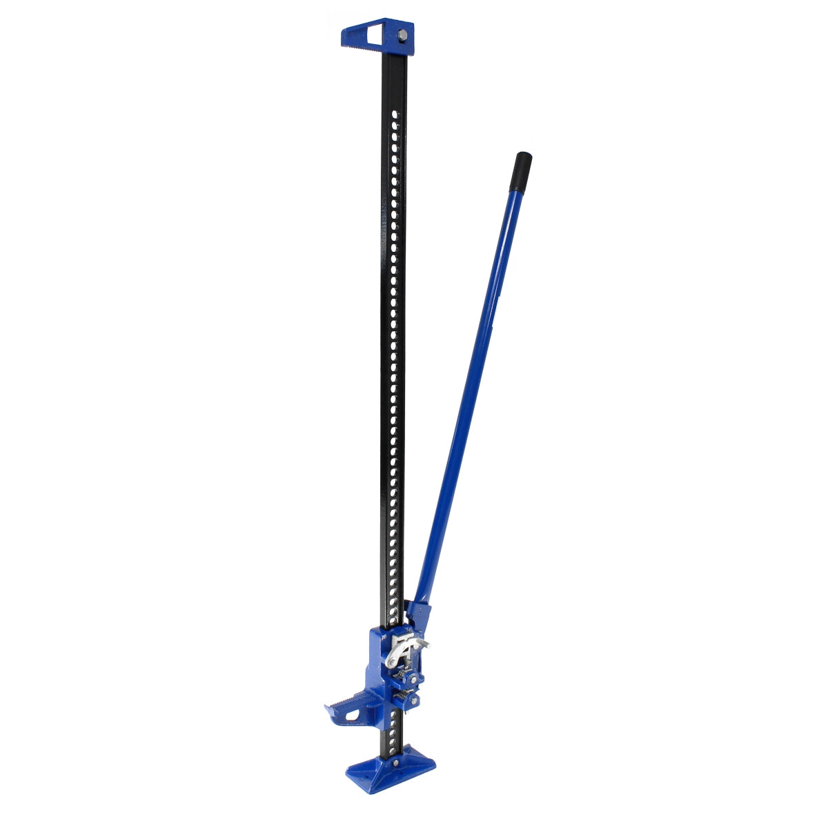 Blauer Wagenheber mit langem Hebel und mehreren Löchern zur Höhenverstellung.