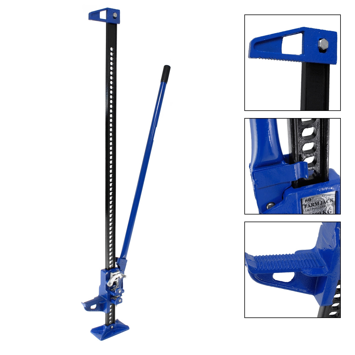 Blauer Wagenheber mit Hebel und Sicherheitsmechanismus.