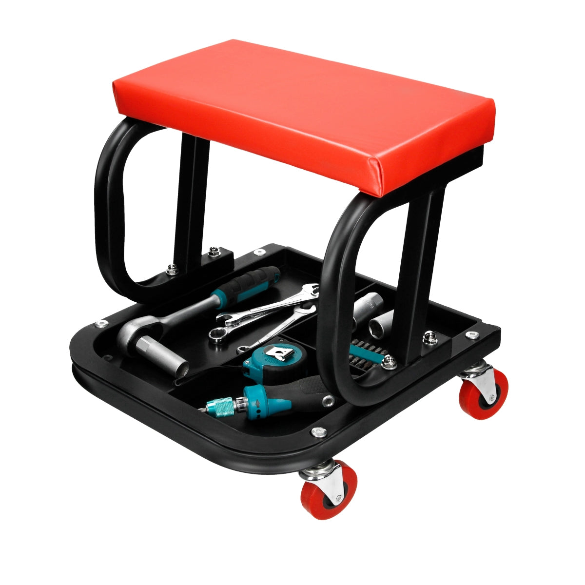 Rode kruk met gereedschap op een platform, met wielen.