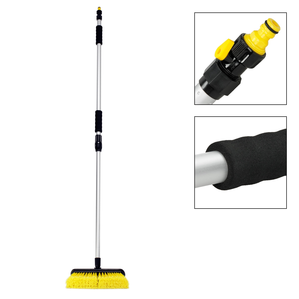 Langer Besen mit gelber Bürste und verstellbarem Griff.