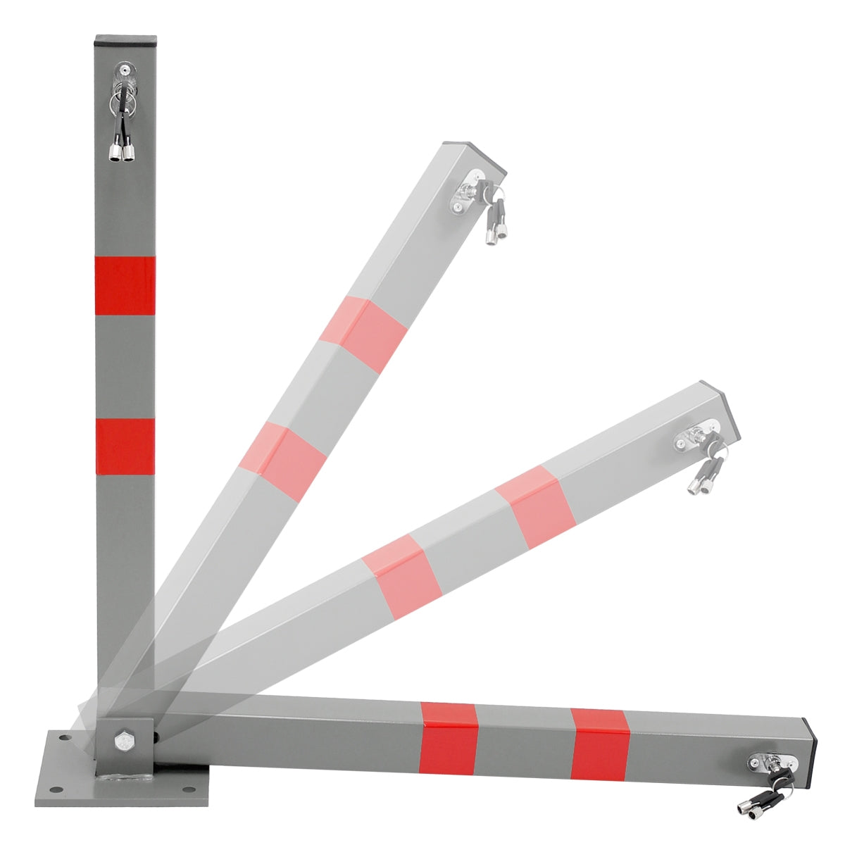 Barrière de stationnement pliable de couleur grise avec des bandes rouges, présentée dans différentes positions.