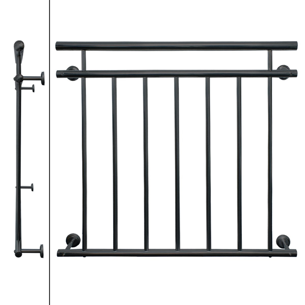 Close-up of a railing with vertical and horizontal bars.