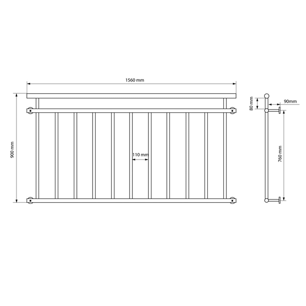 Technical drawing of a railing with dimensions in millimeters.