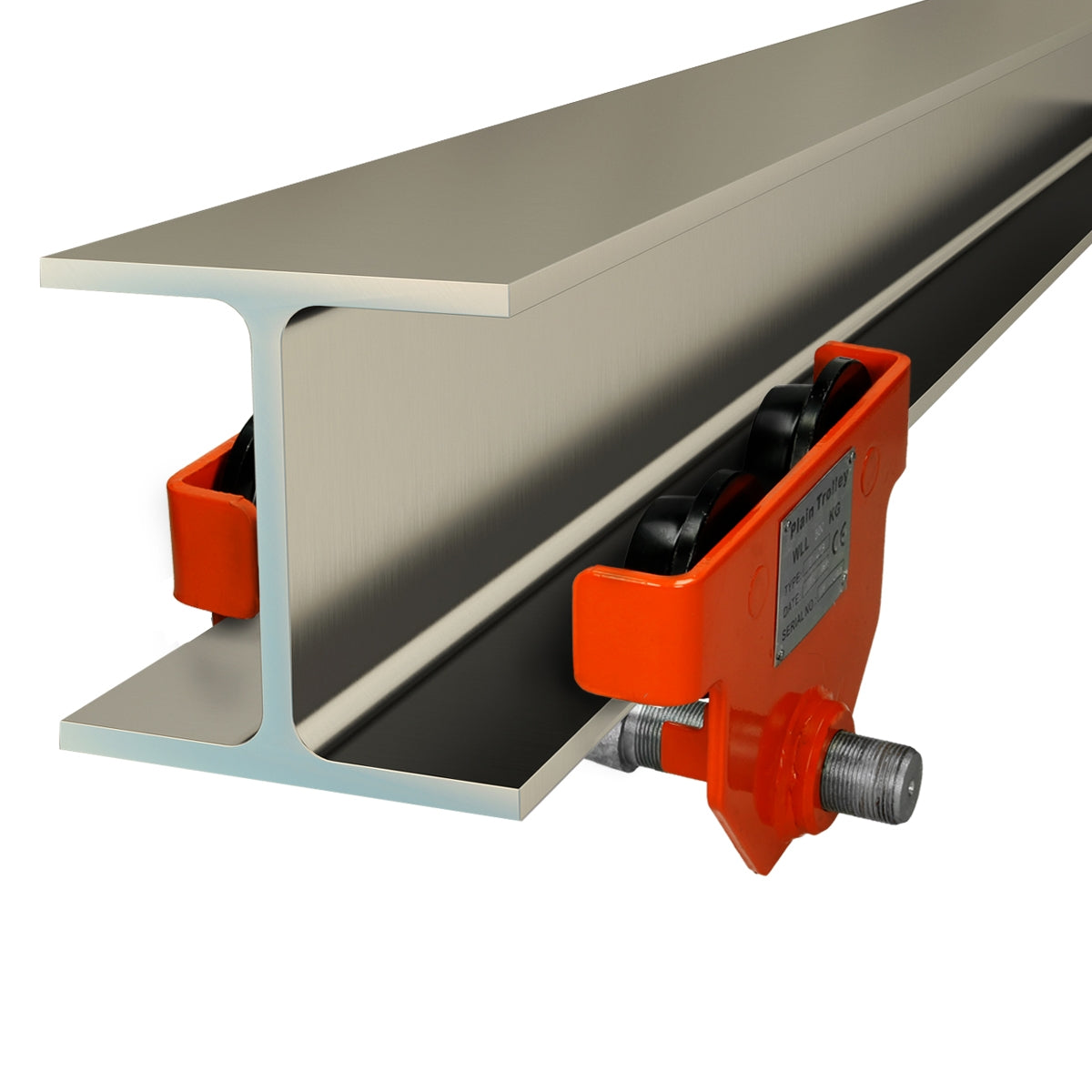 Metallprofil mit Rollen und Halterung, silberfarben und orange.