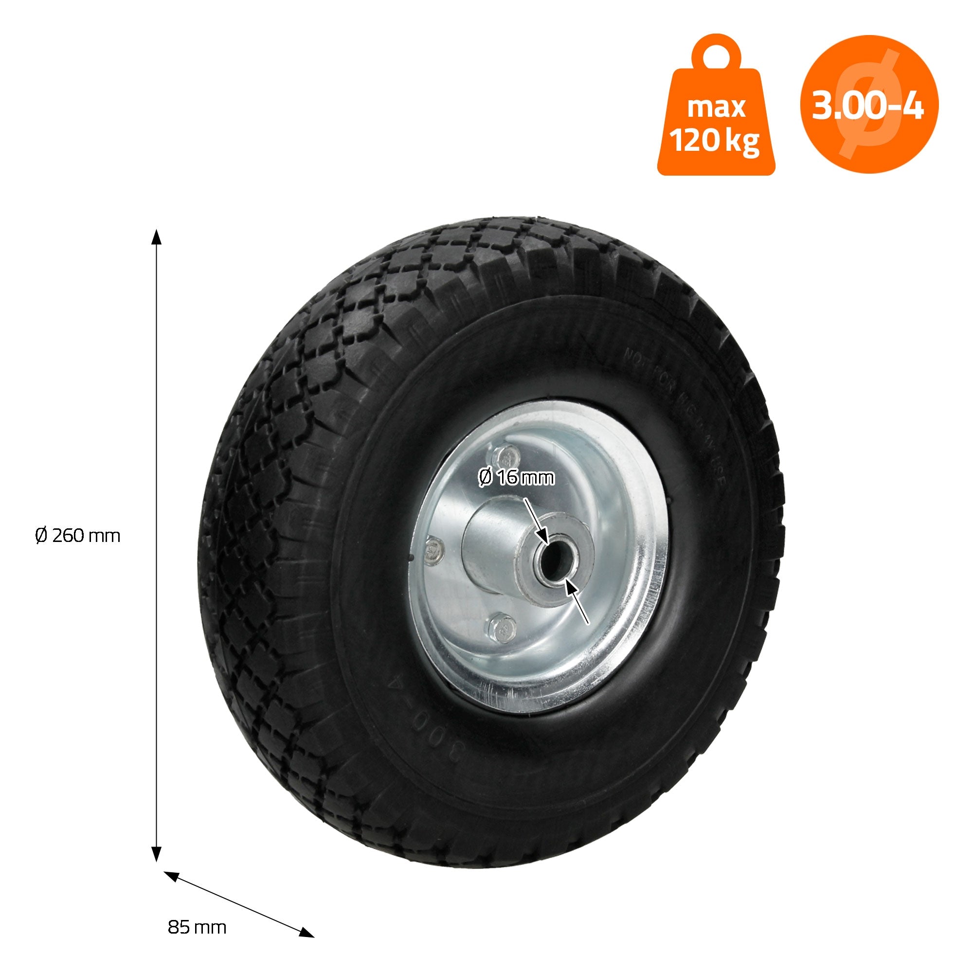 Un neumático con llanta, diámetro de 260 mm, capacidad de carga de 120 kg.