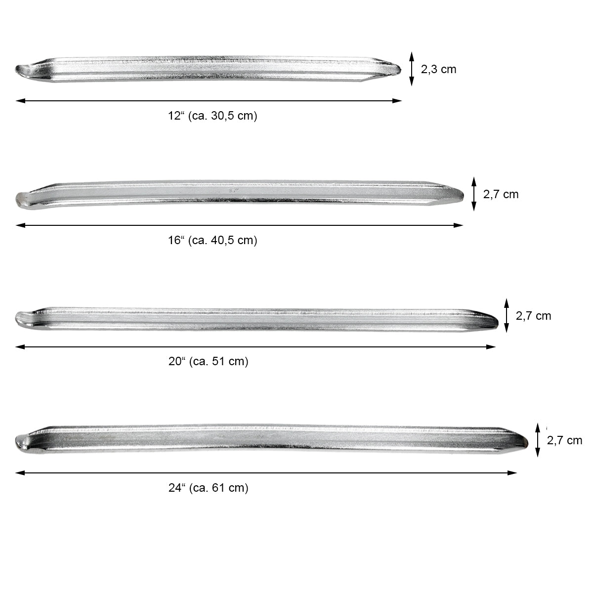 Four metal rods of different lengths and dimensions on a white background.