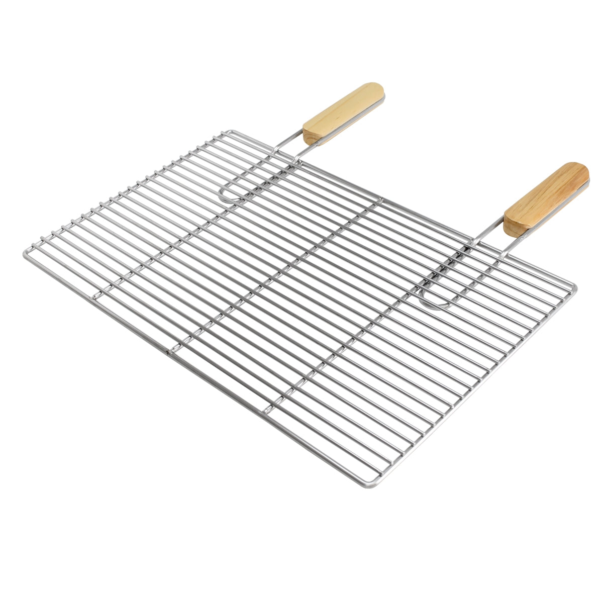 Ein rechteckiges Backblech aus Metall mit Holzgriffen.