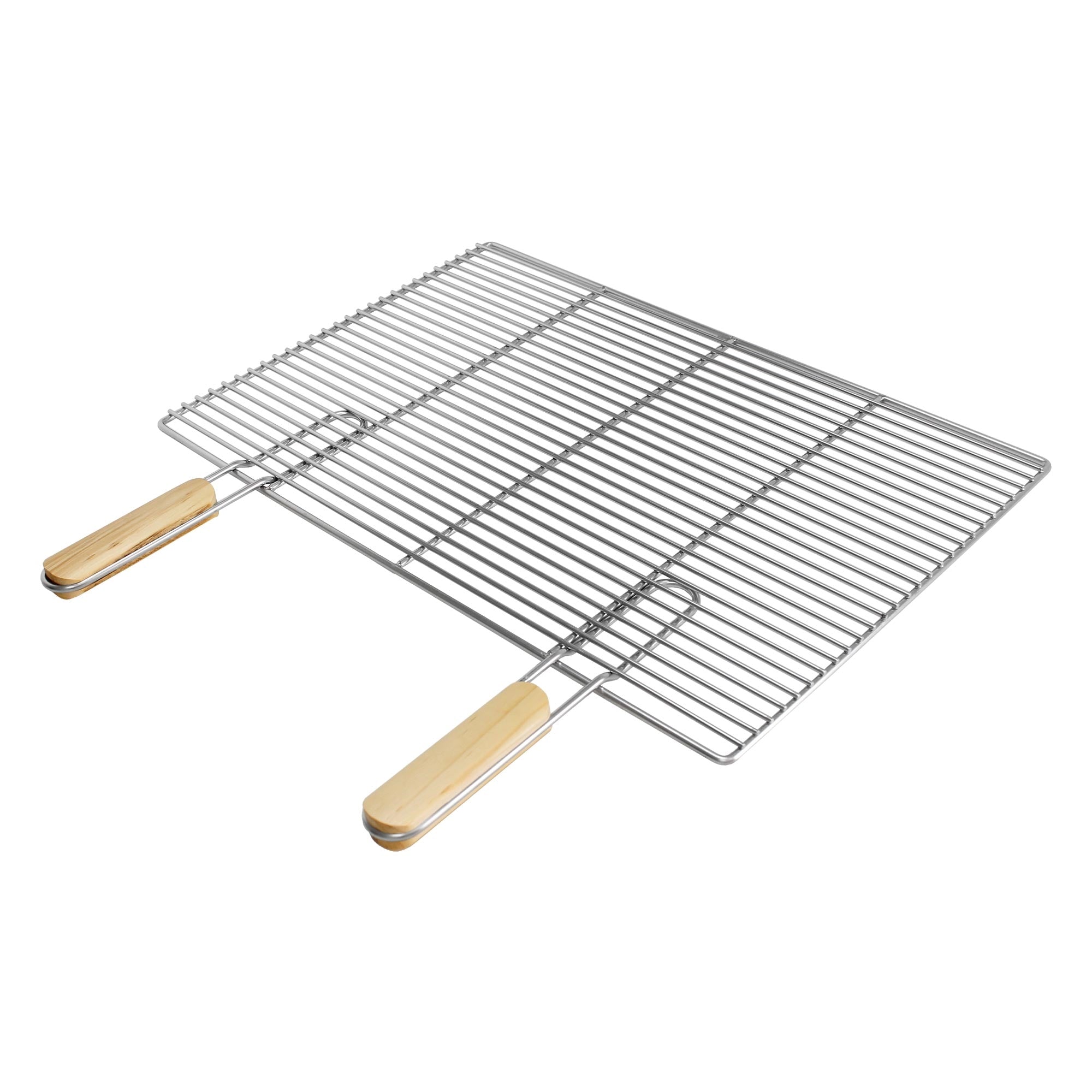 Ein rechteckiges, metallisches Backblech mit Holzgriffen.