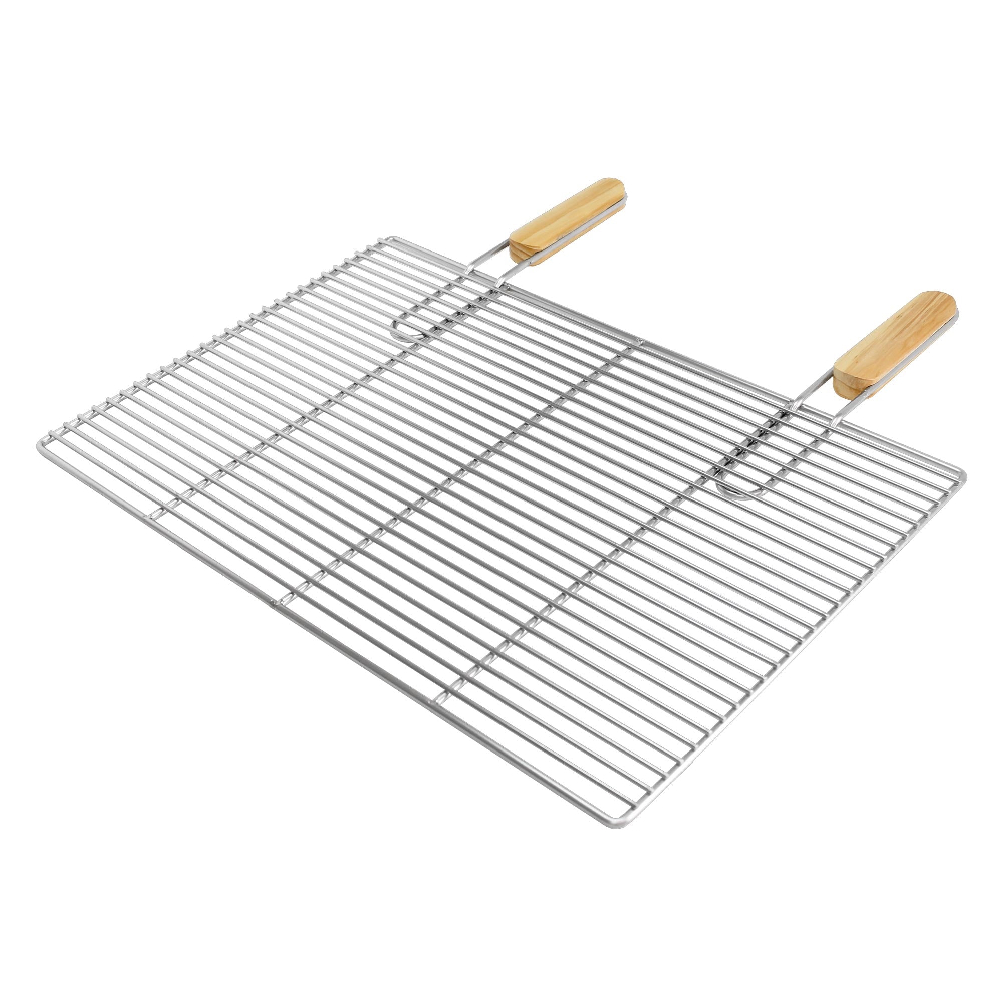 Ein rechteckiges, metallisches Backblech mit Holzgriffen.