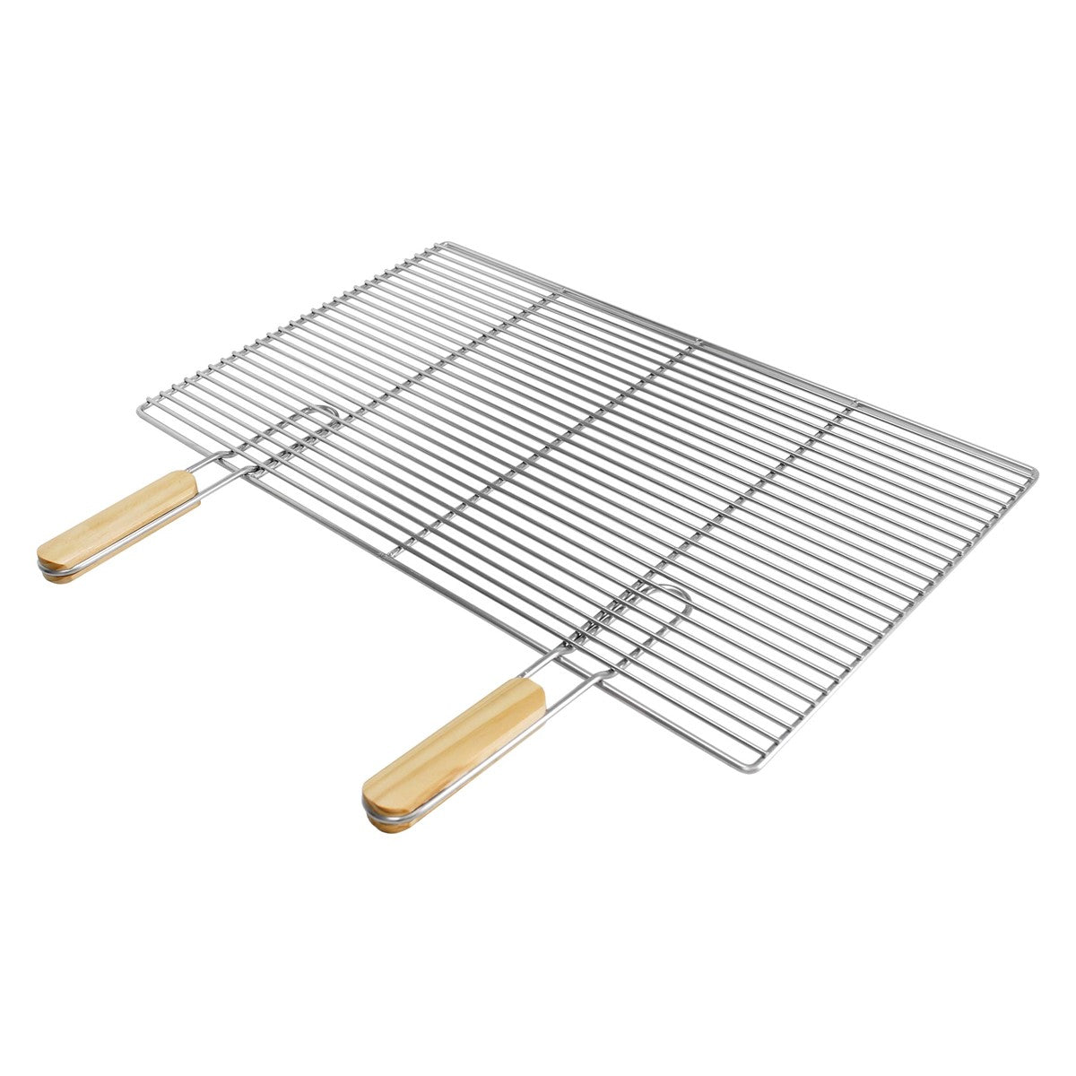 A rectangular metal baking tray with two wooden handles.