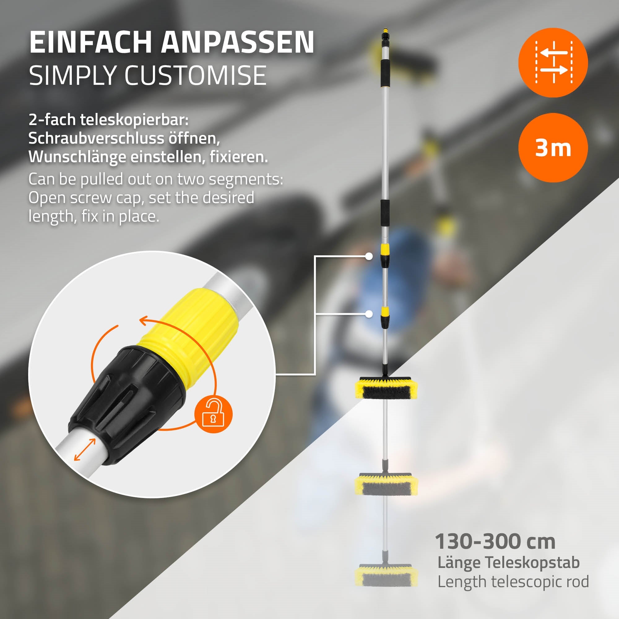 Teleskopstab mit gelbem Griff, einstellbar von 130 bis 300 cm.