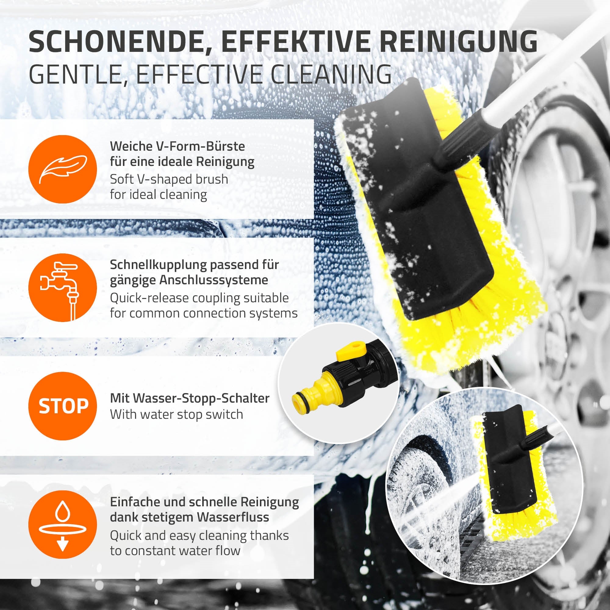 Grafik mit Reinigungsbürste, Wasserfluss und Schnellkupplung.