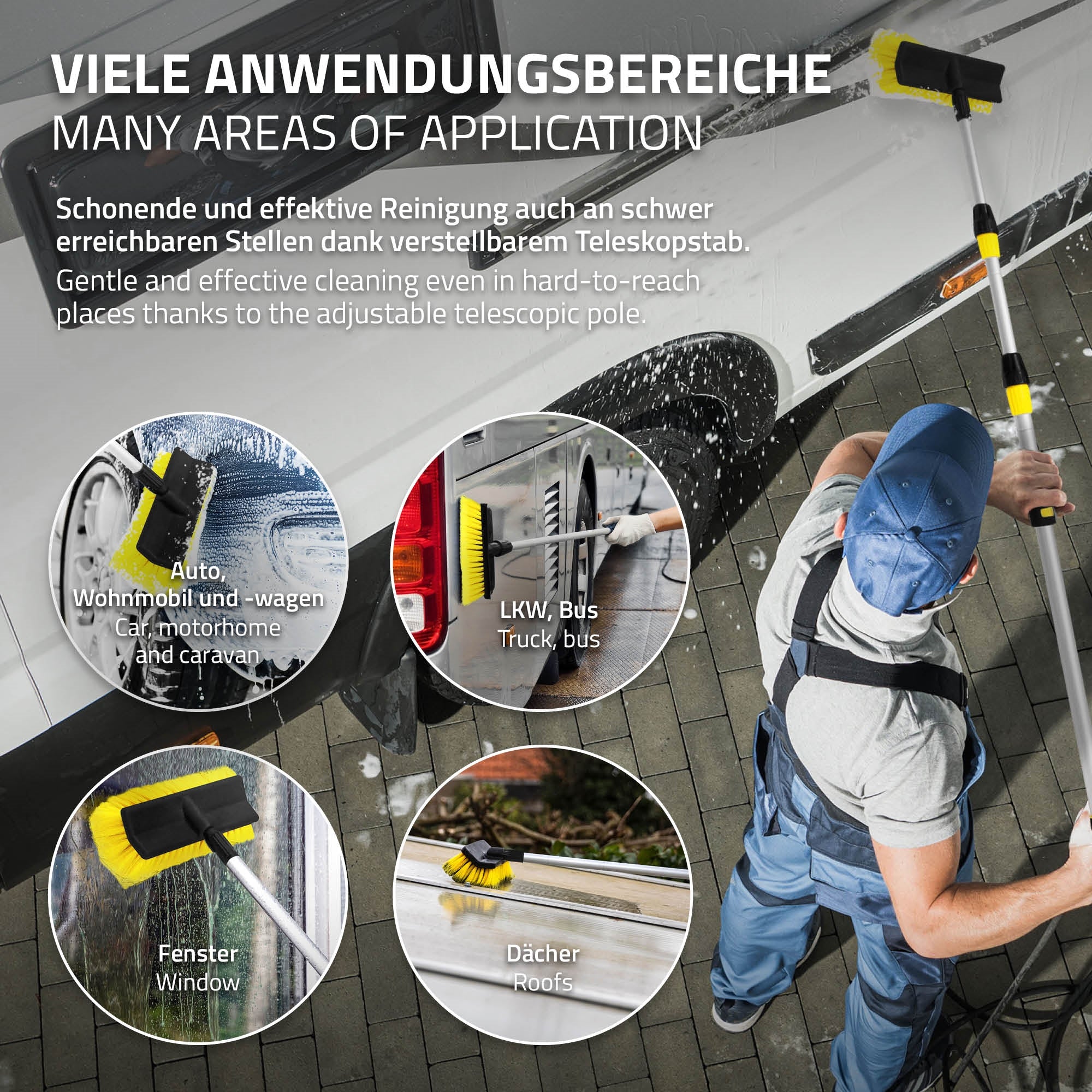 Person mit Teleskopwaschbürste reinigt ein Fahrzeug.