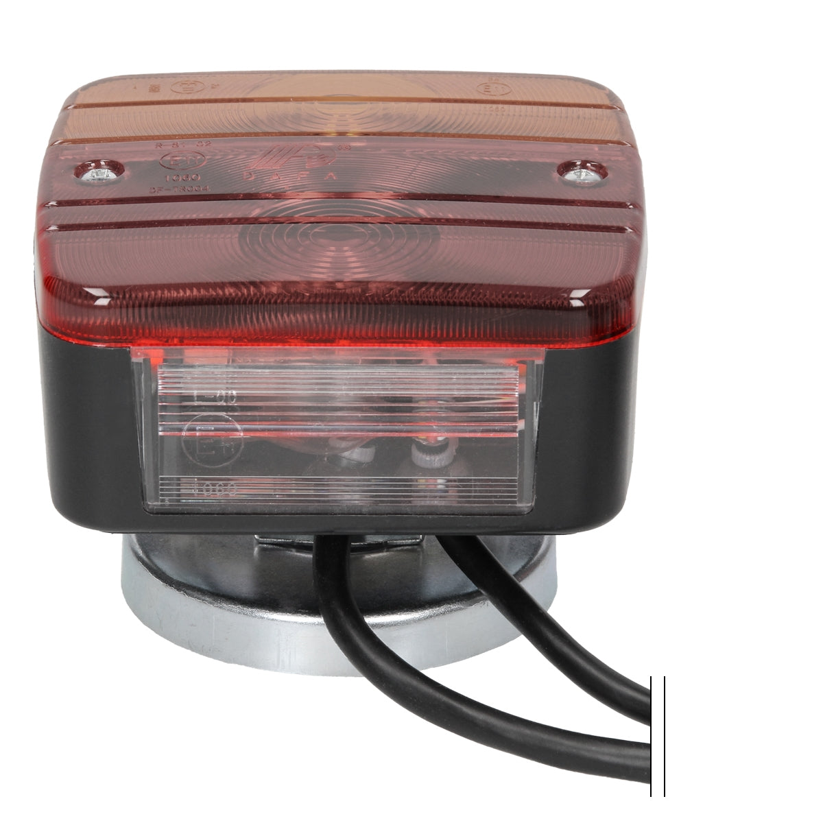 Rote und transparente LED-Leuchte von oben, mit Kabeln auf der Rückseite.