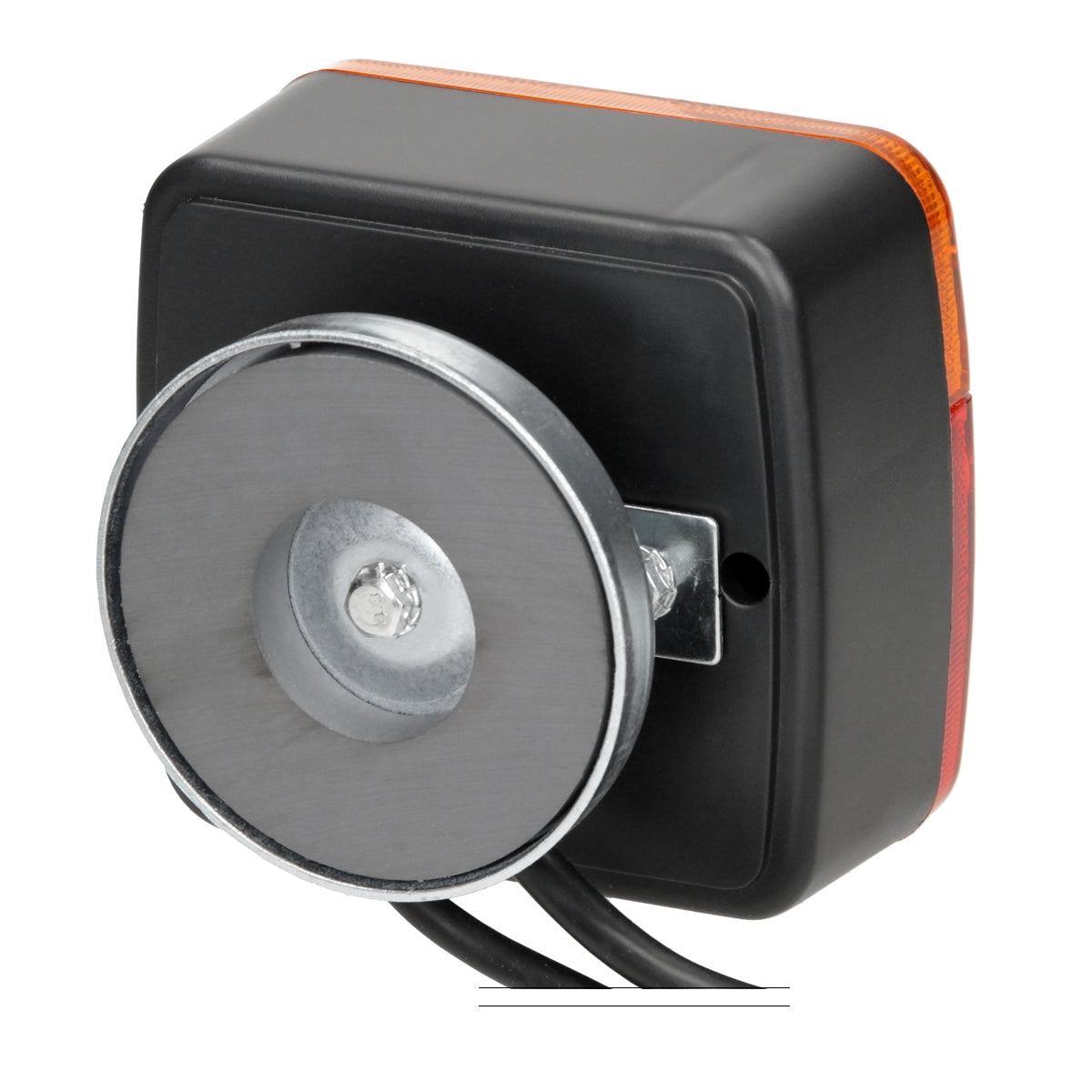 Schwarzes Gehäuse mit runder Metallplatte und orangefarbener Blinkleuchte.