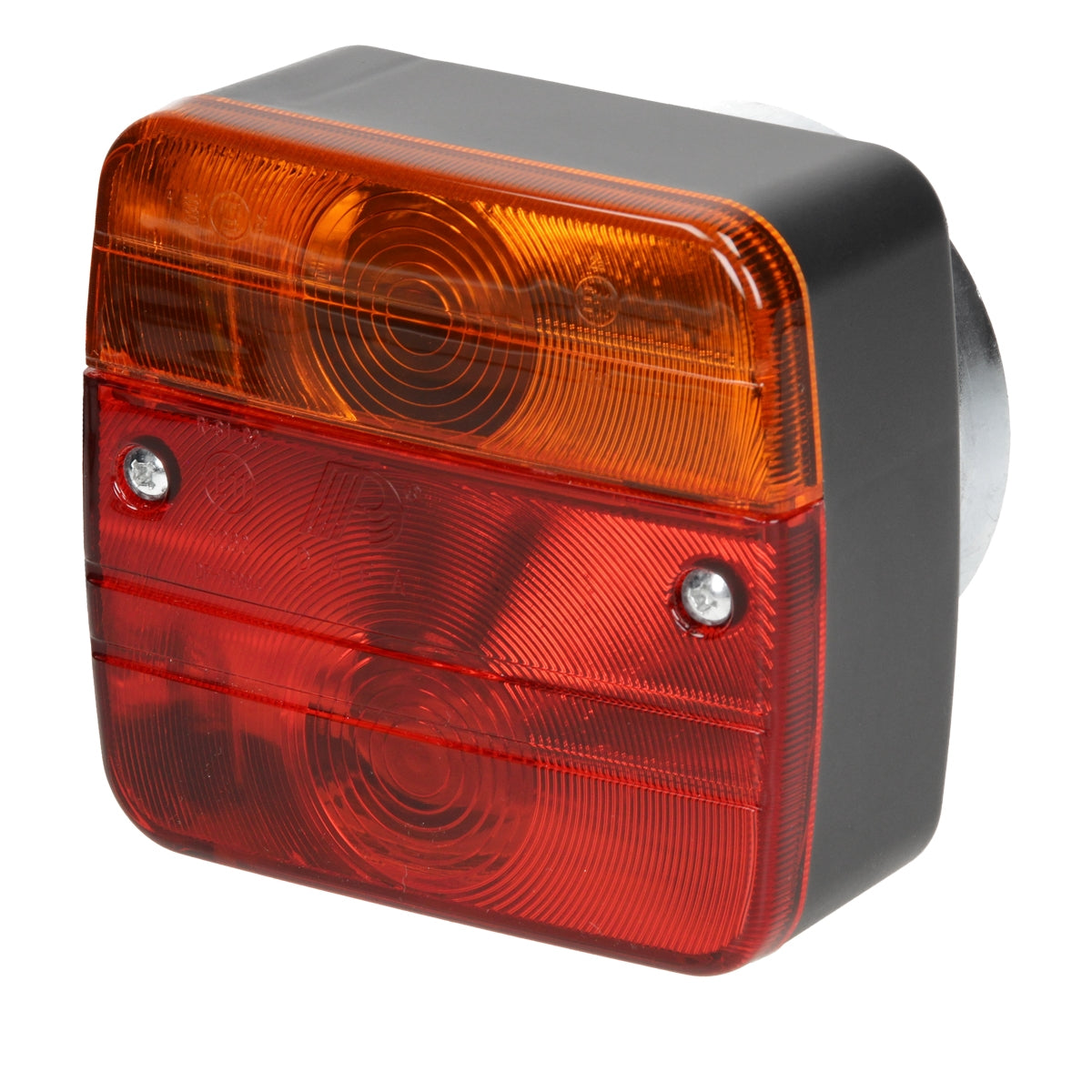 Rotes und oranges Rücklicht mit zwei Linsen und schwarzem Gehäuse.