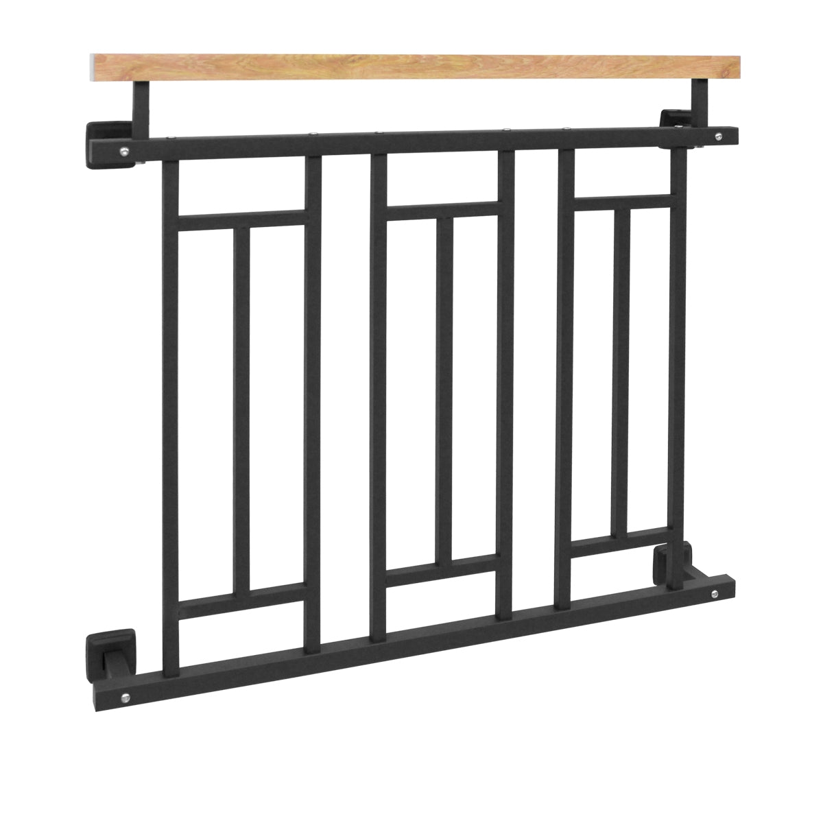 Ein schwarzes Geländer mit Holzoberfläche und geometrischem Design.