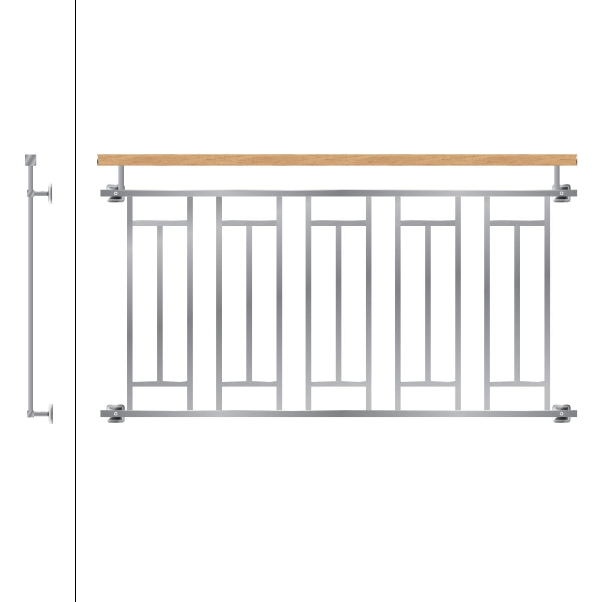 Geländer mit Holzoberfläche und geometrischem Metalldesign, silberfarben.