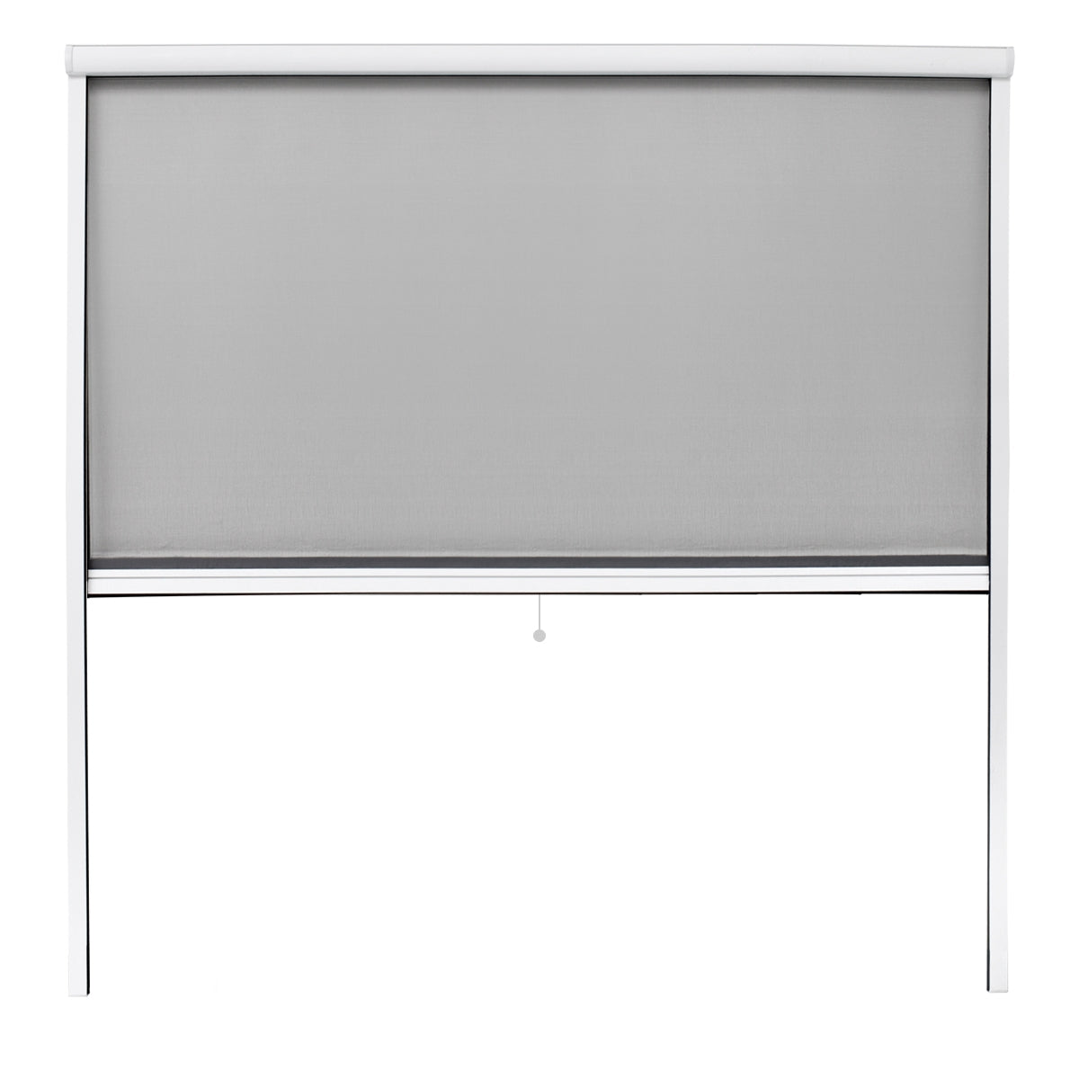 Gray roller blinds with a white frame, lowered.
