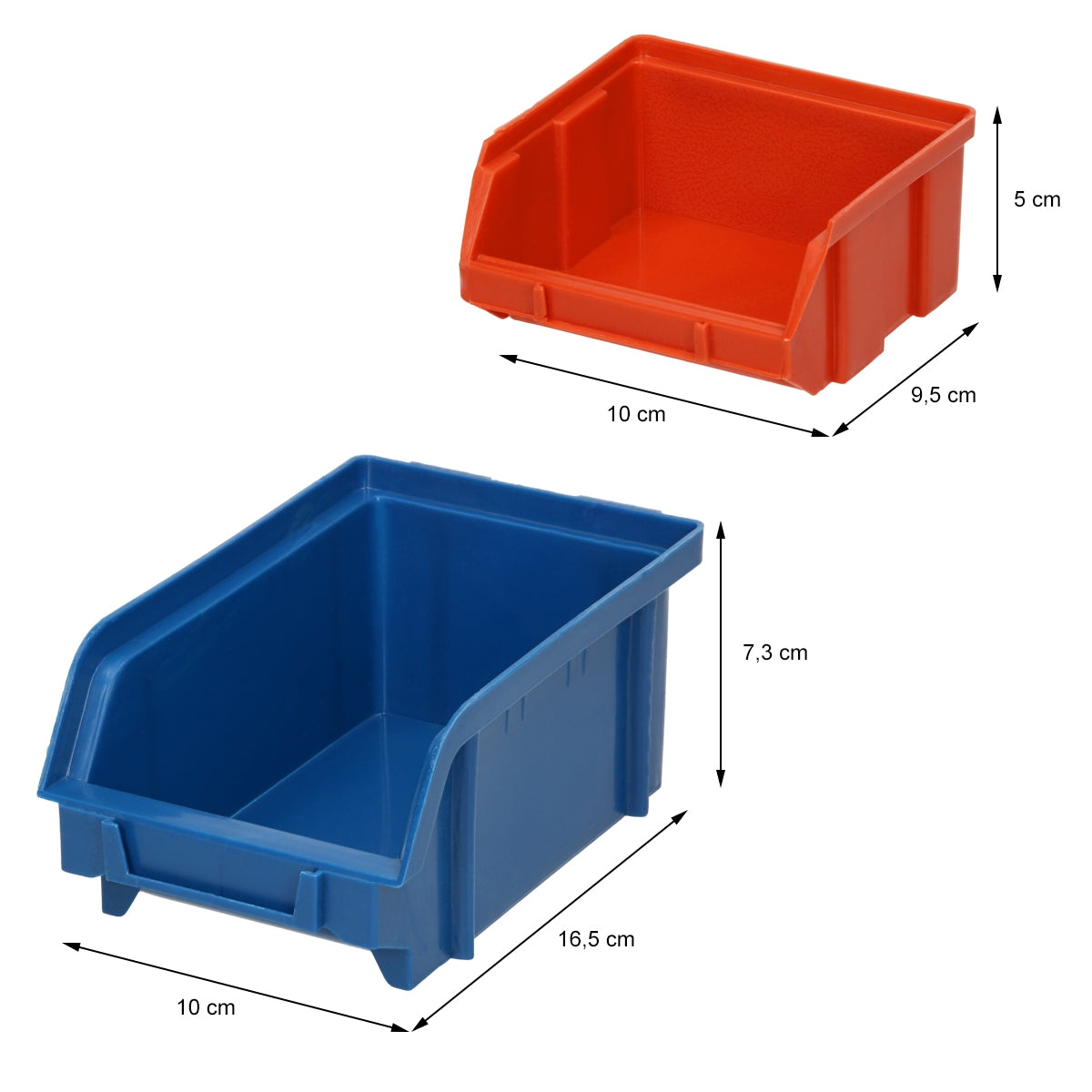 Red and blue plastic boxes in various sizes.