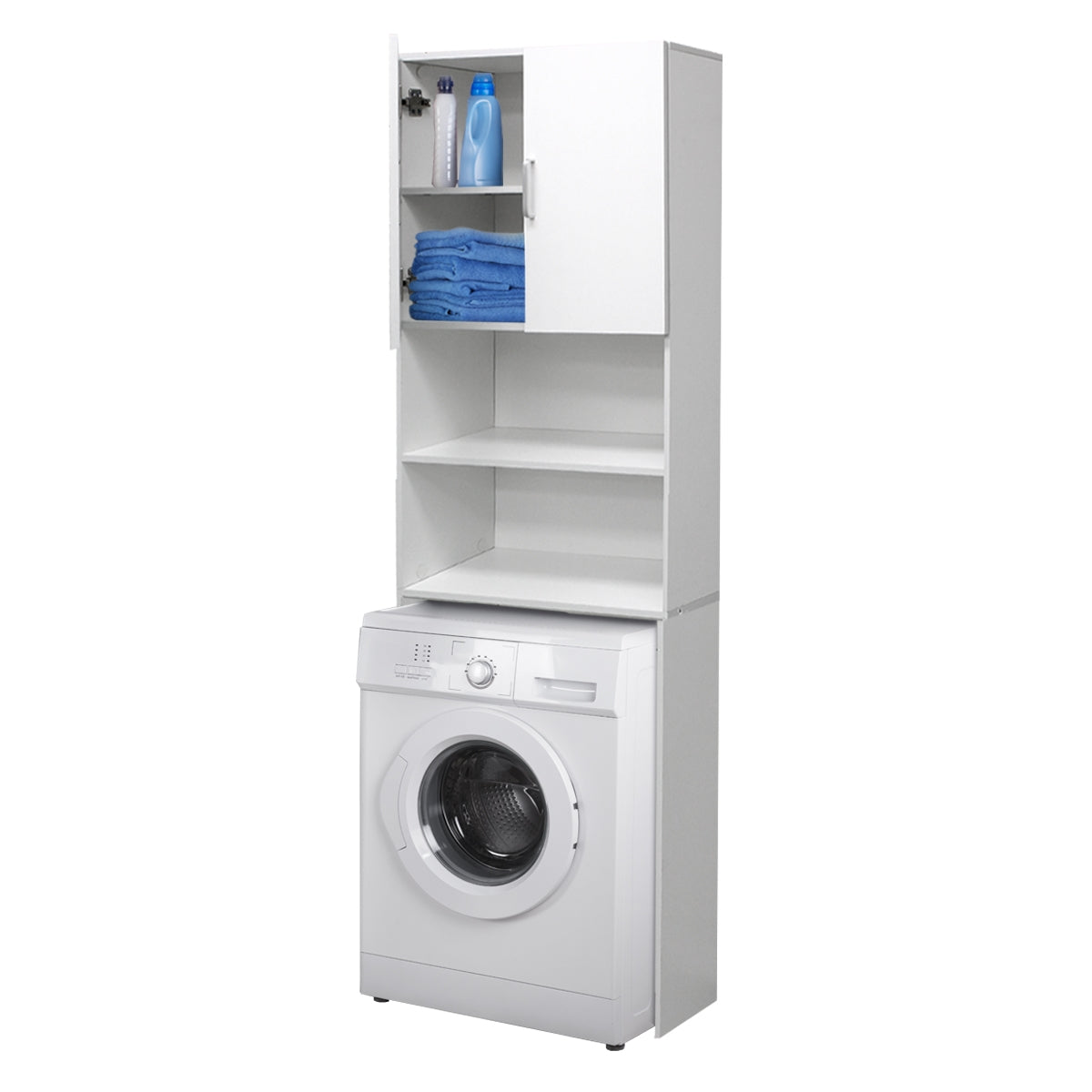 Weißer Wäscheschrank mit Waschmaschine und Regalen, gefüllt mit Handtüchern und Waschmittel.