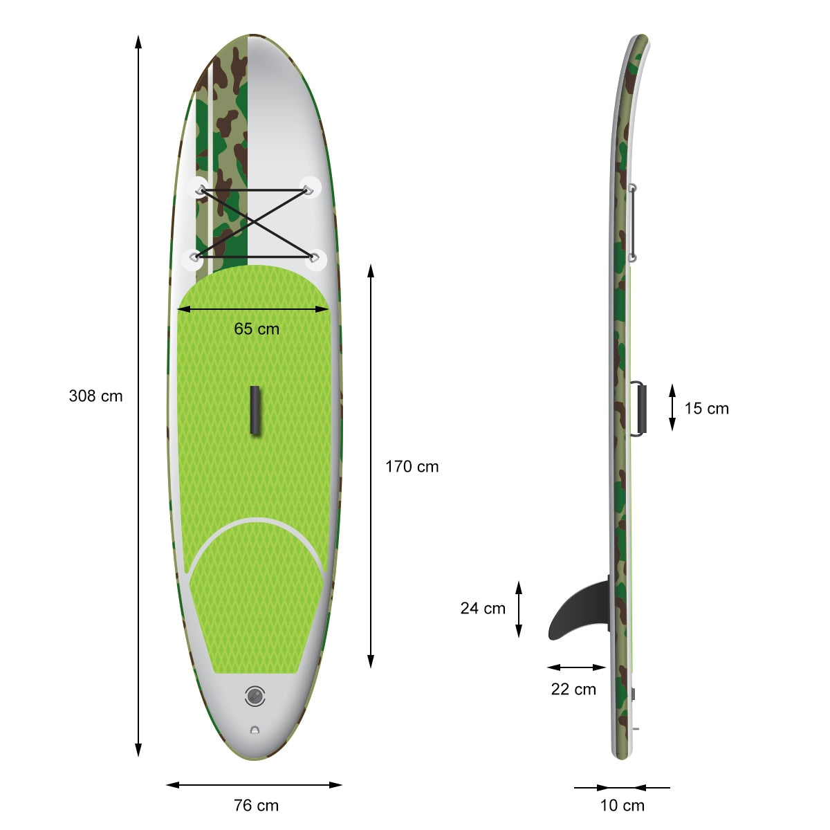 Technische Zeichnung eines Stand-Up-Paddle-Boards mit Maßen und Details auf einem weißen Hinterg