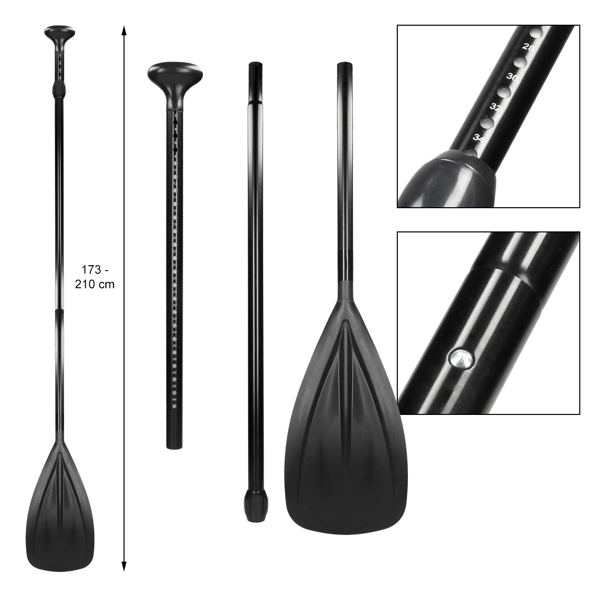 Zwarte peddel voor stand-up paddleboarding, opvouwbaar met maatstreep.