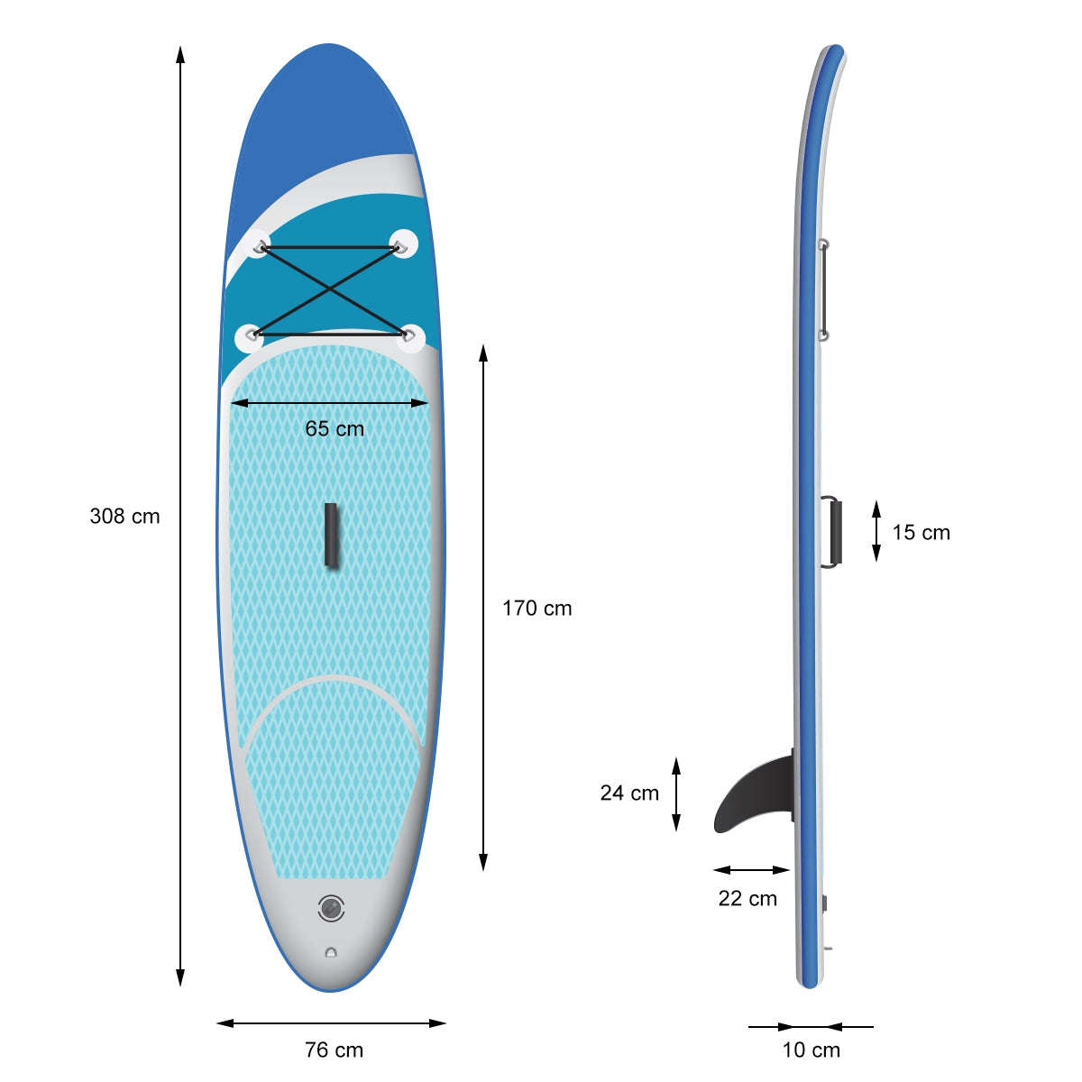 Maataanduiding van een blauw stand-up paddleboard met afmetingen.