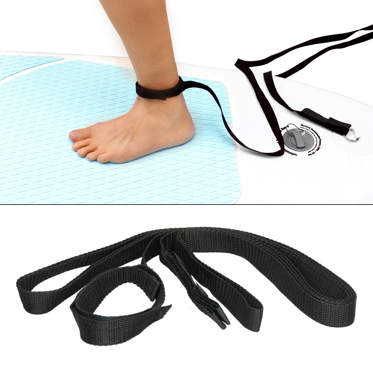Zwart veiligheidsband met een enkelband sluiting op een paddleboard.