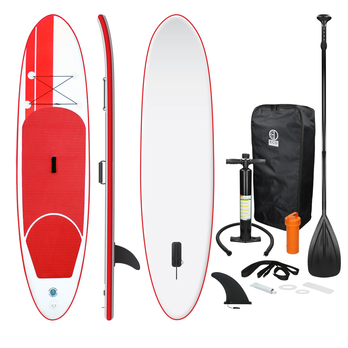 Stand-up paddle board avec accessoires comme pompe et pagaie.