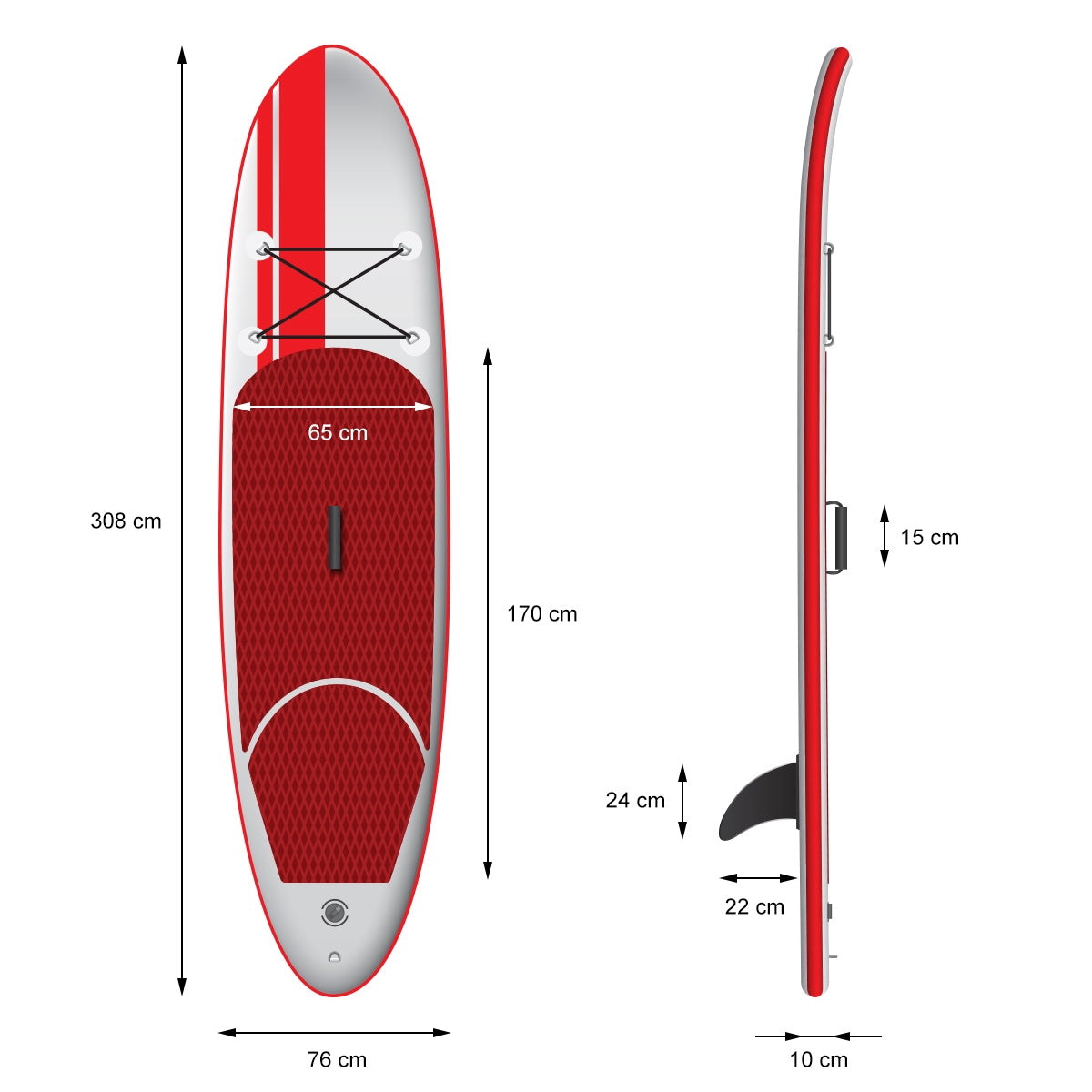 Mesure d'un stand-up paddle board rouge avec différentes dimensions.