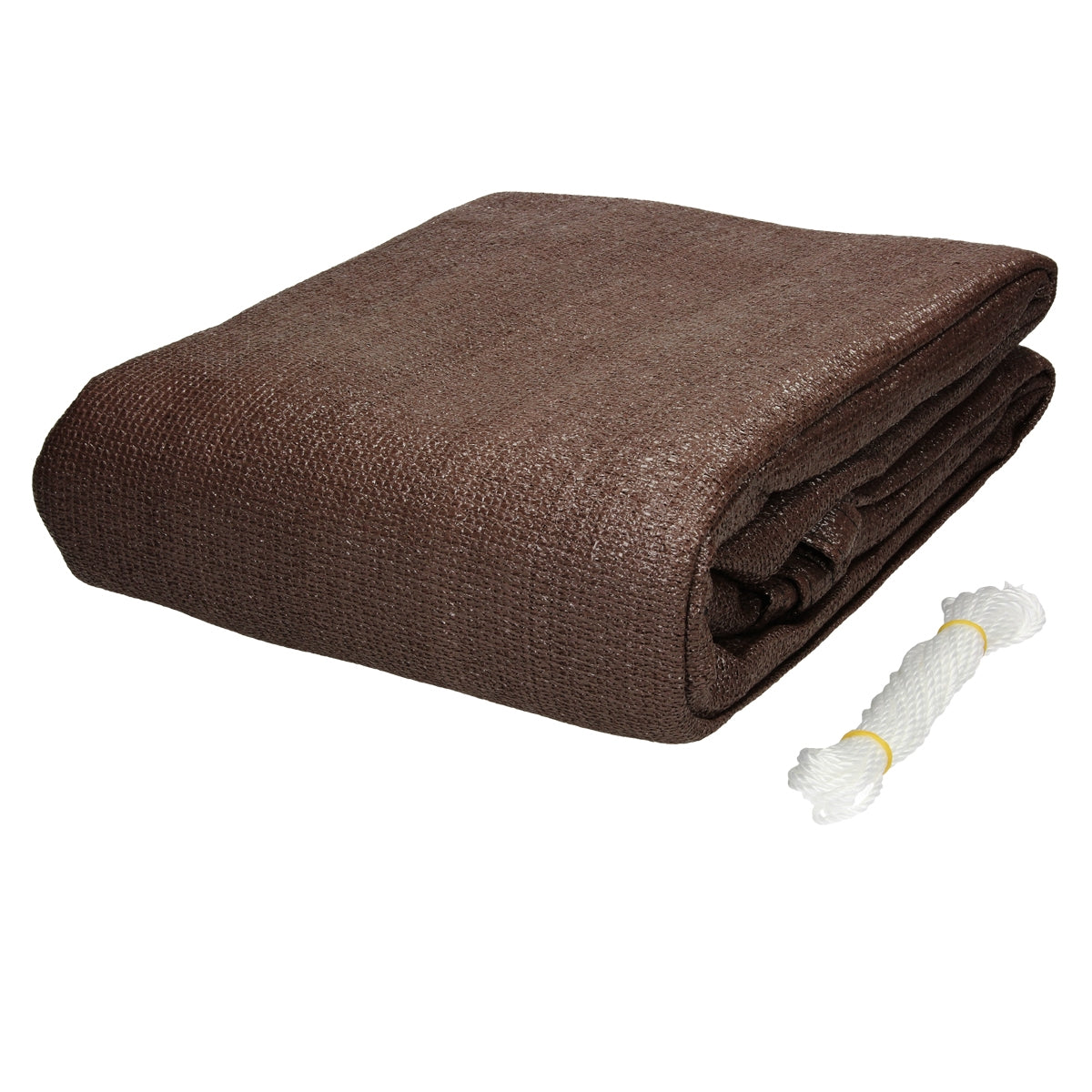Folded brown sunshade with a roll of white rope.
