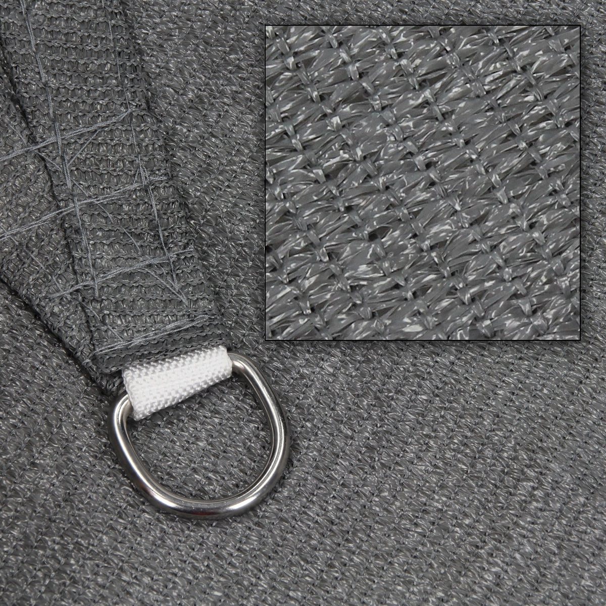 Material gris con un anillo en D y un primer plano de la tela.