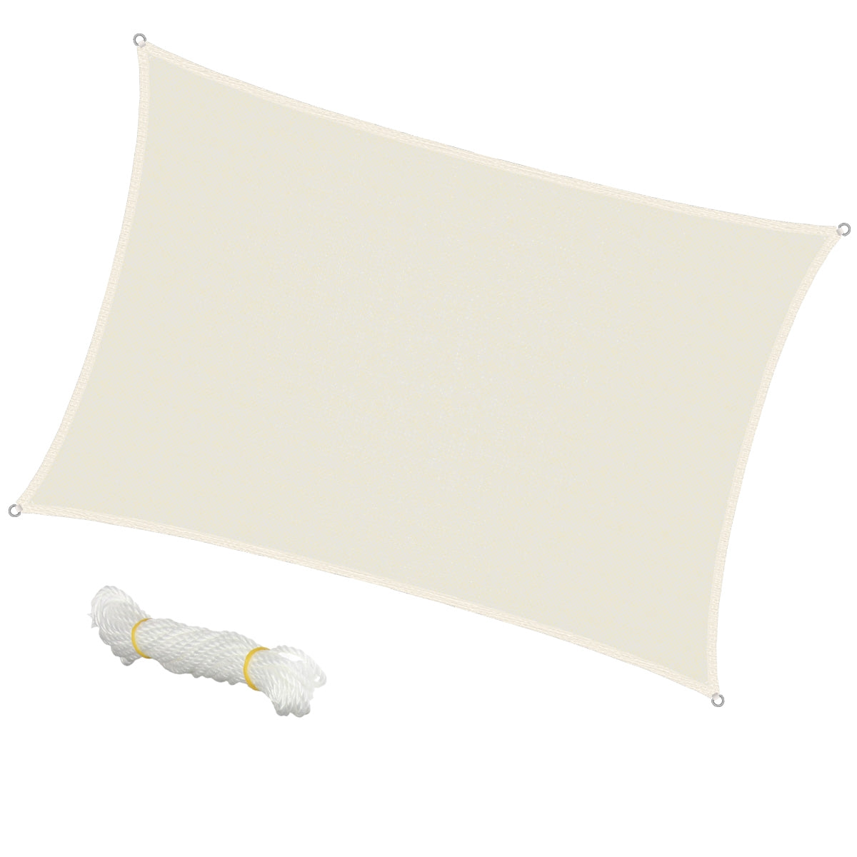 Beige zonnescherm in rechthoekige vorm met een touw ernaast.