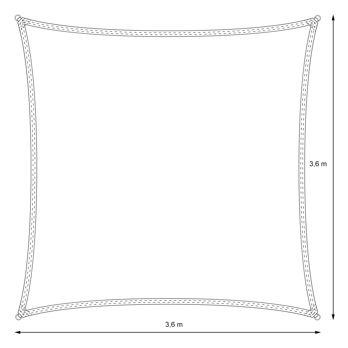 Toldo en forma cuadrada con medidas de 3,6 m x 3,6 m.