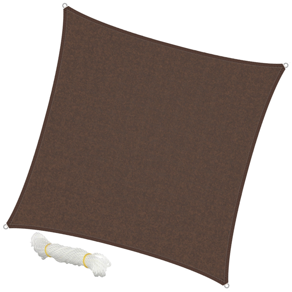 Brown sunshade with white rope next to it.