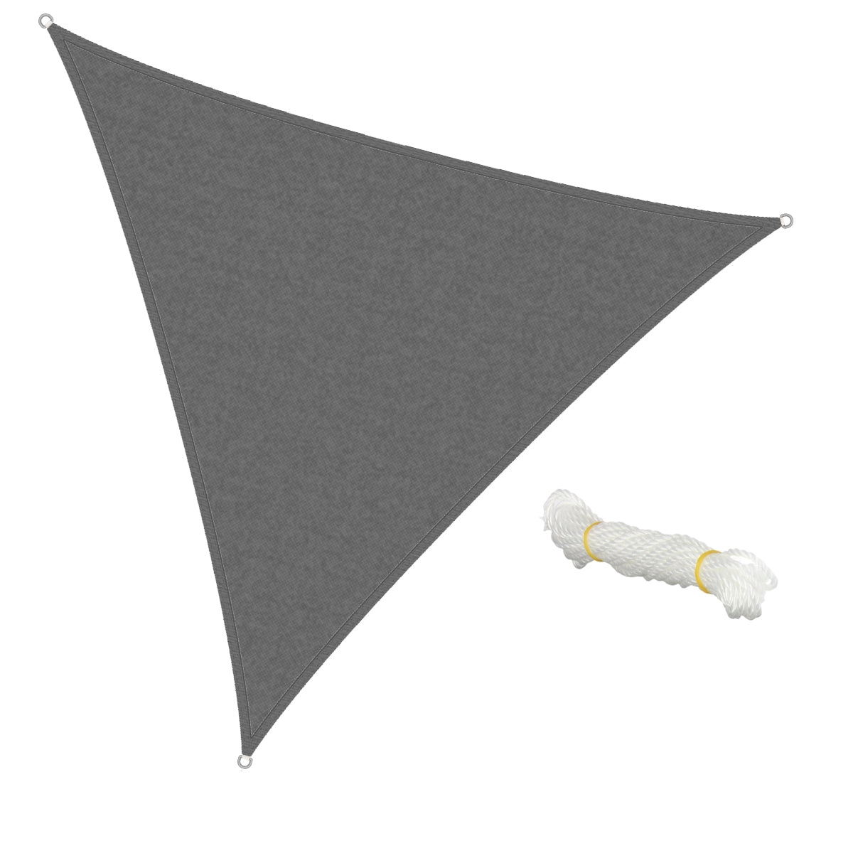 Toldo triangular gris con un rollo de cuerda al lado.