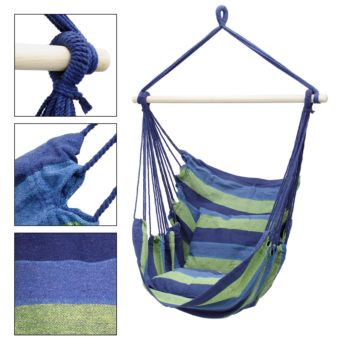 Hängesessel in blau-grün gestreift, mit Holzstange und Aufhängung.