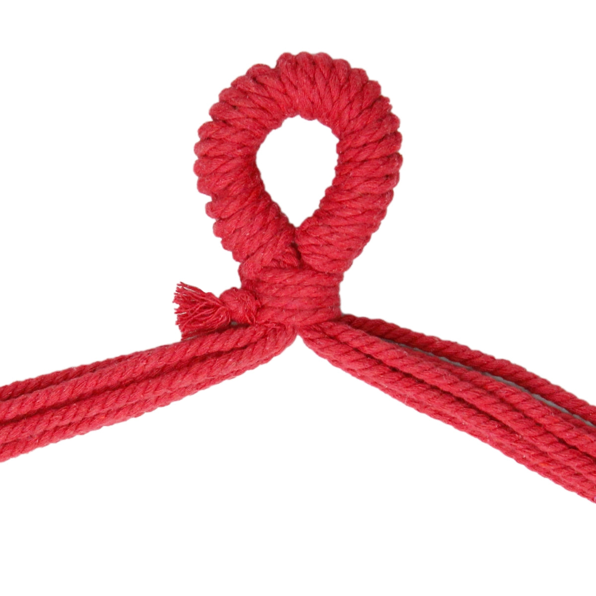 Roter Knoten aus Seil mit einer Schlaufe oben.