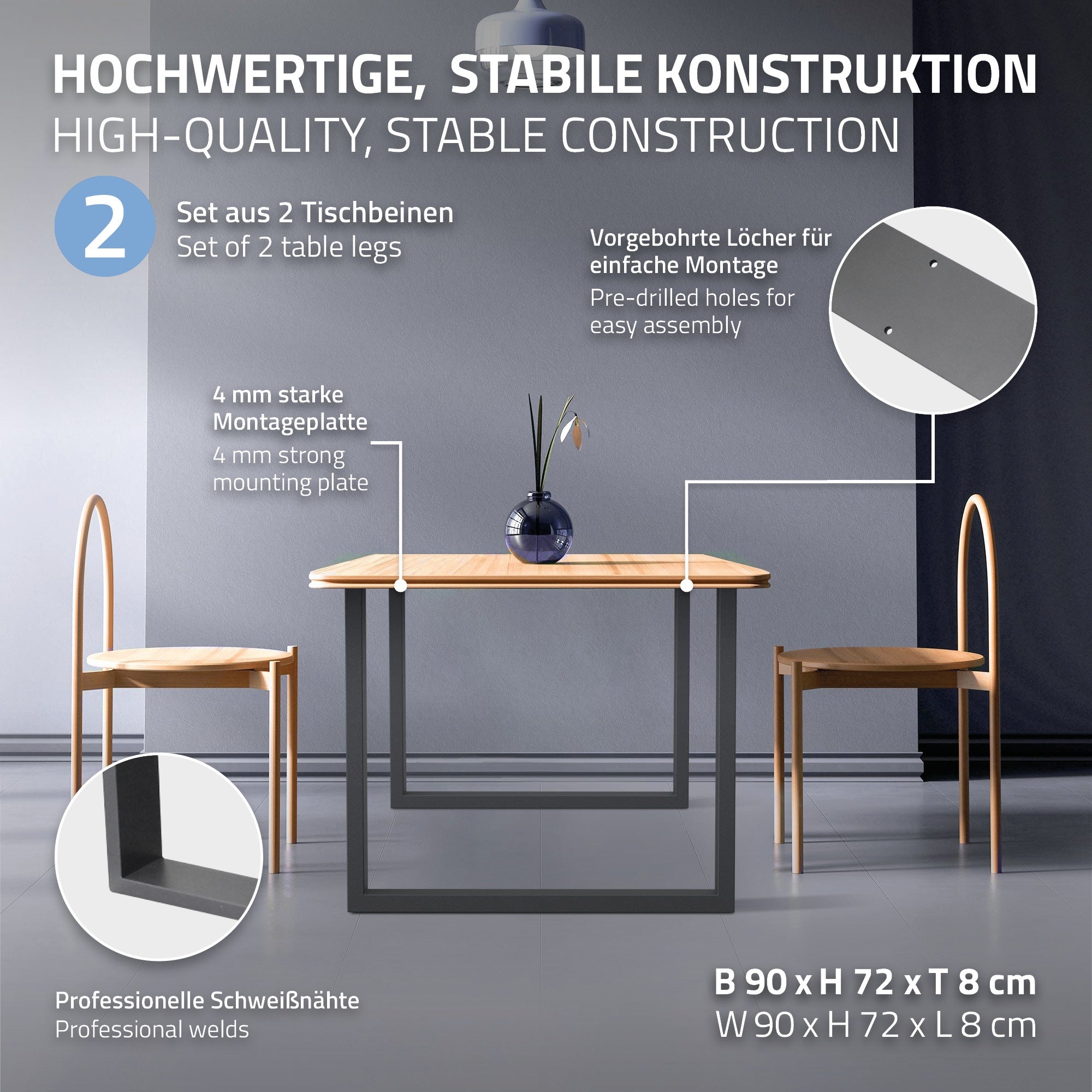 Tisch mit Holzplatte, zwei Stühlen und stabilen Tischbeinen.