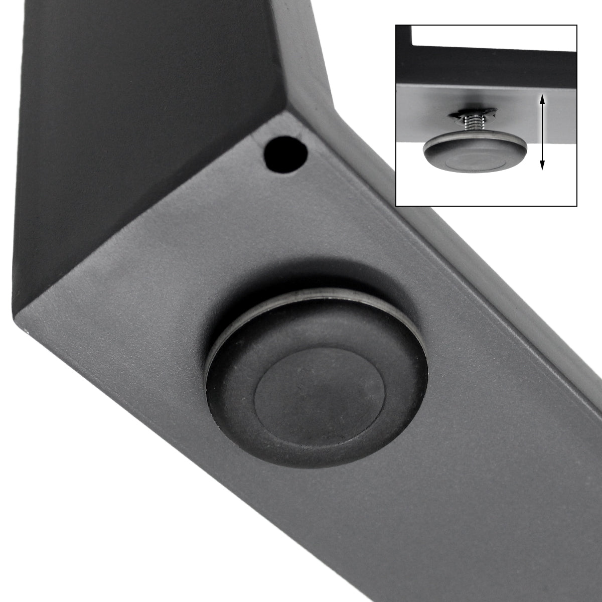 Floor glider under a steel profile, with screw for height adjustment.