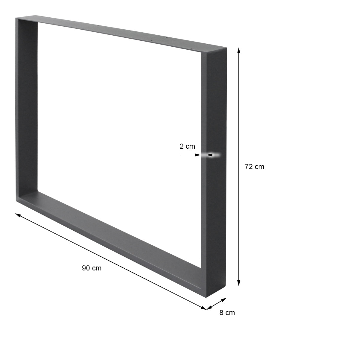 Rectangular frame with dimensions: 90 cm x 72 cm x 2 cm, color: gray.