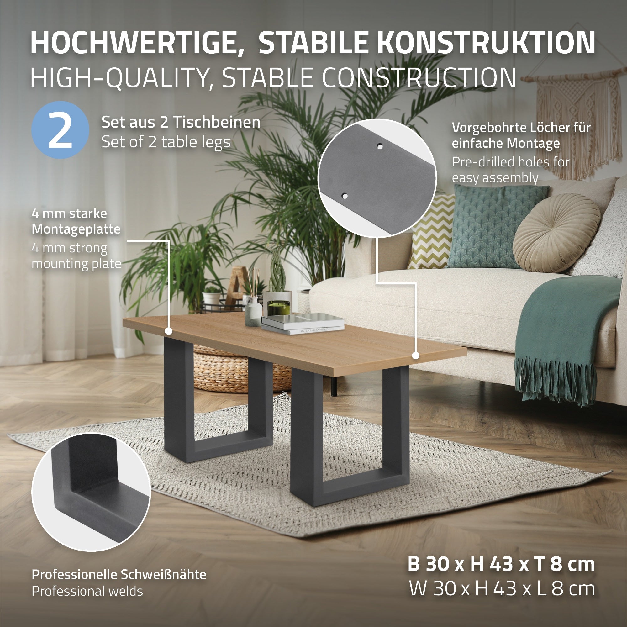 Tisch mit stabilen Tischbeinen und Montageanleitung auf einem Tisch.