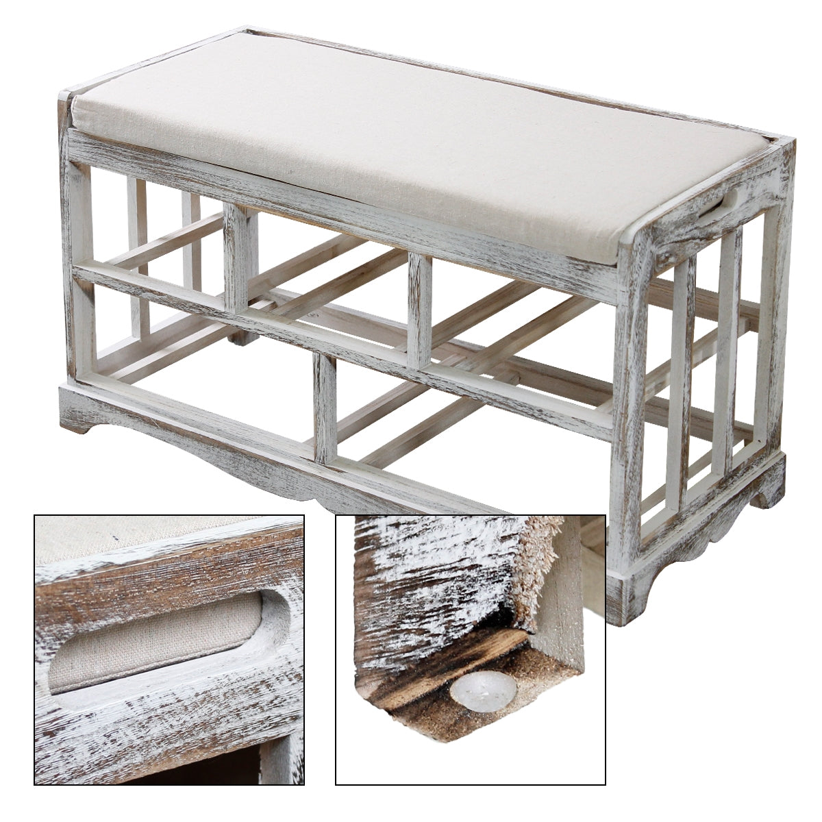 Houten bank met een gepolsterde zitting en open planken.