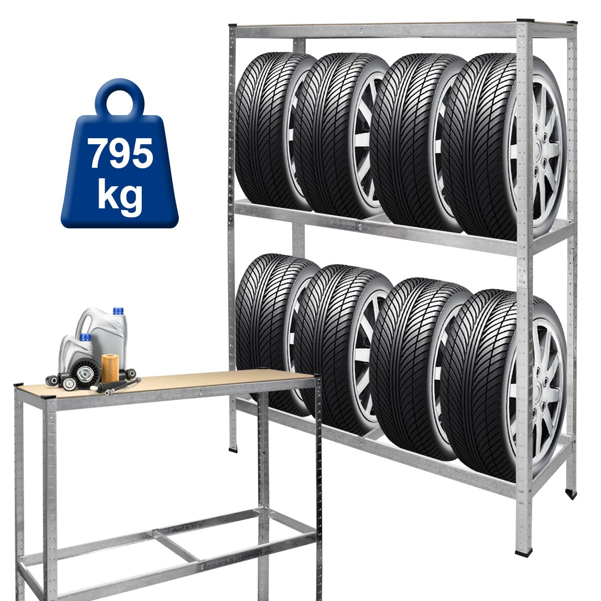 Reol med dæk og værktøj, maksimal bæreevne 795 kg.