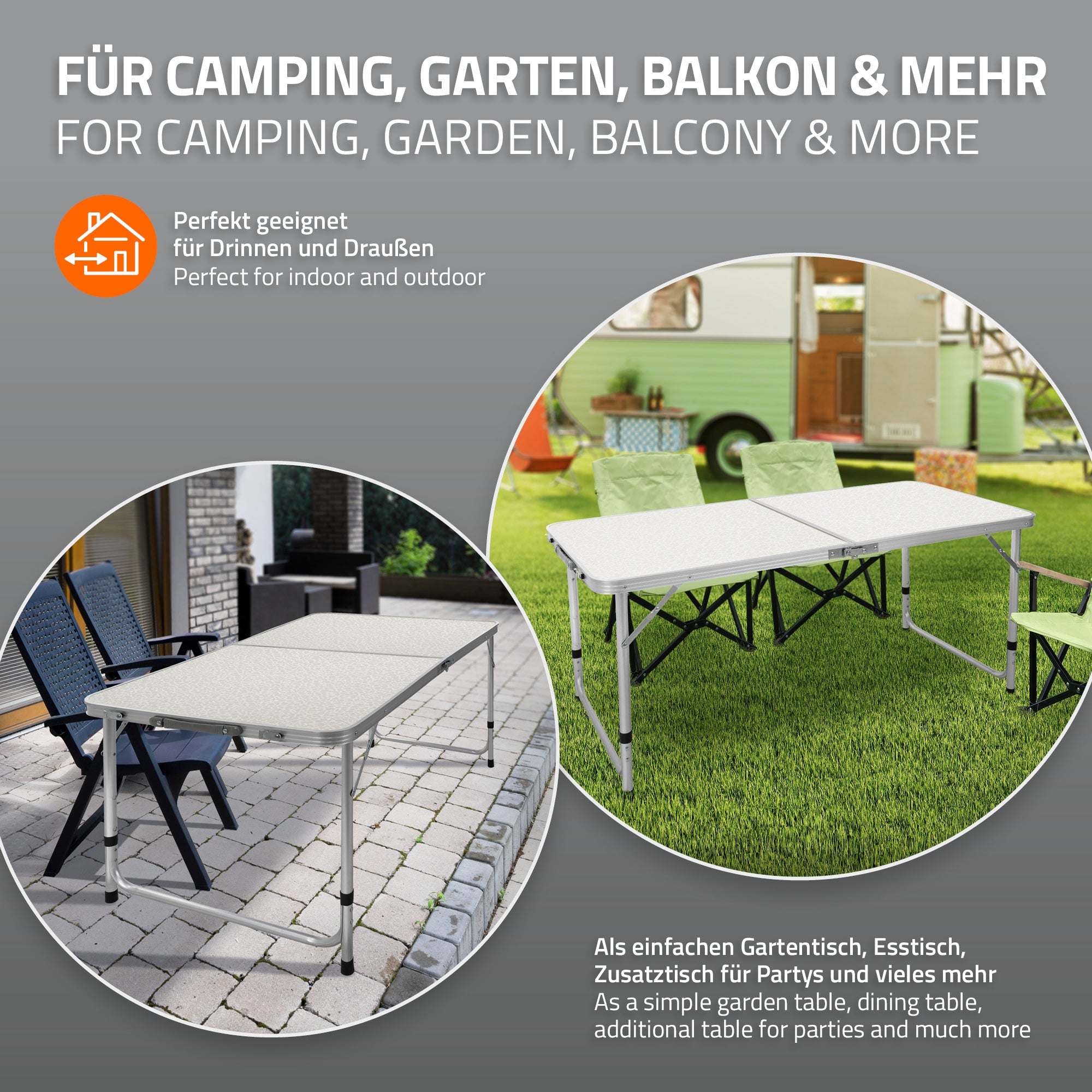 Two tables outdoors, one with chairs, suitable for garden and camping.