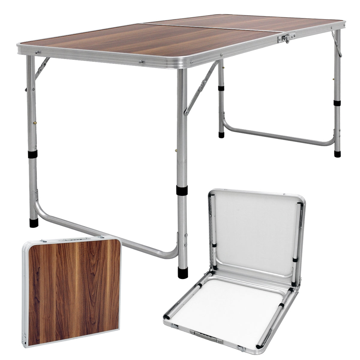 Una mesa plegable con aspecto de madera y estructura de aluminio, desplegada y plegada.