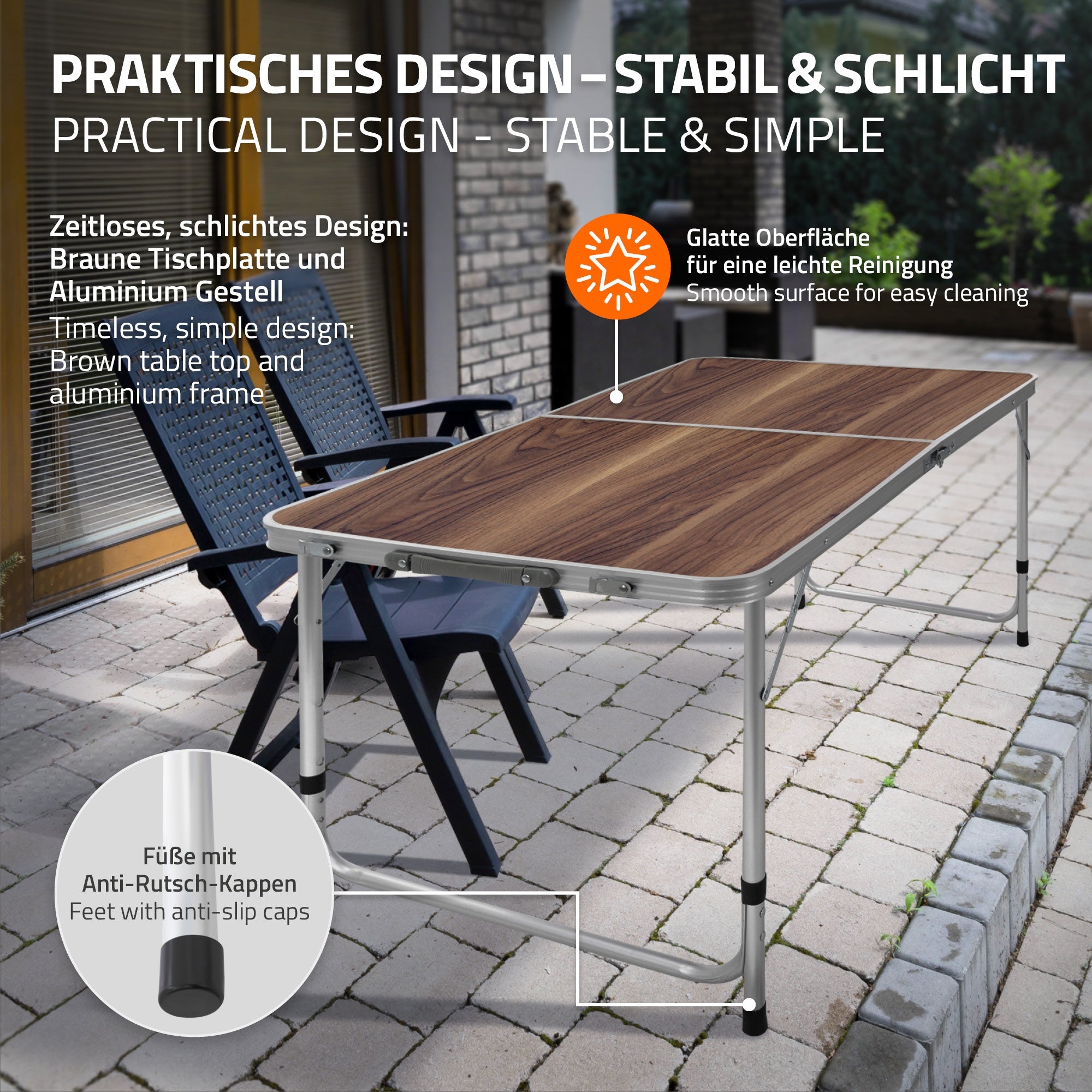 Mesa plegable con tablero marrón y estructura de aluminio.