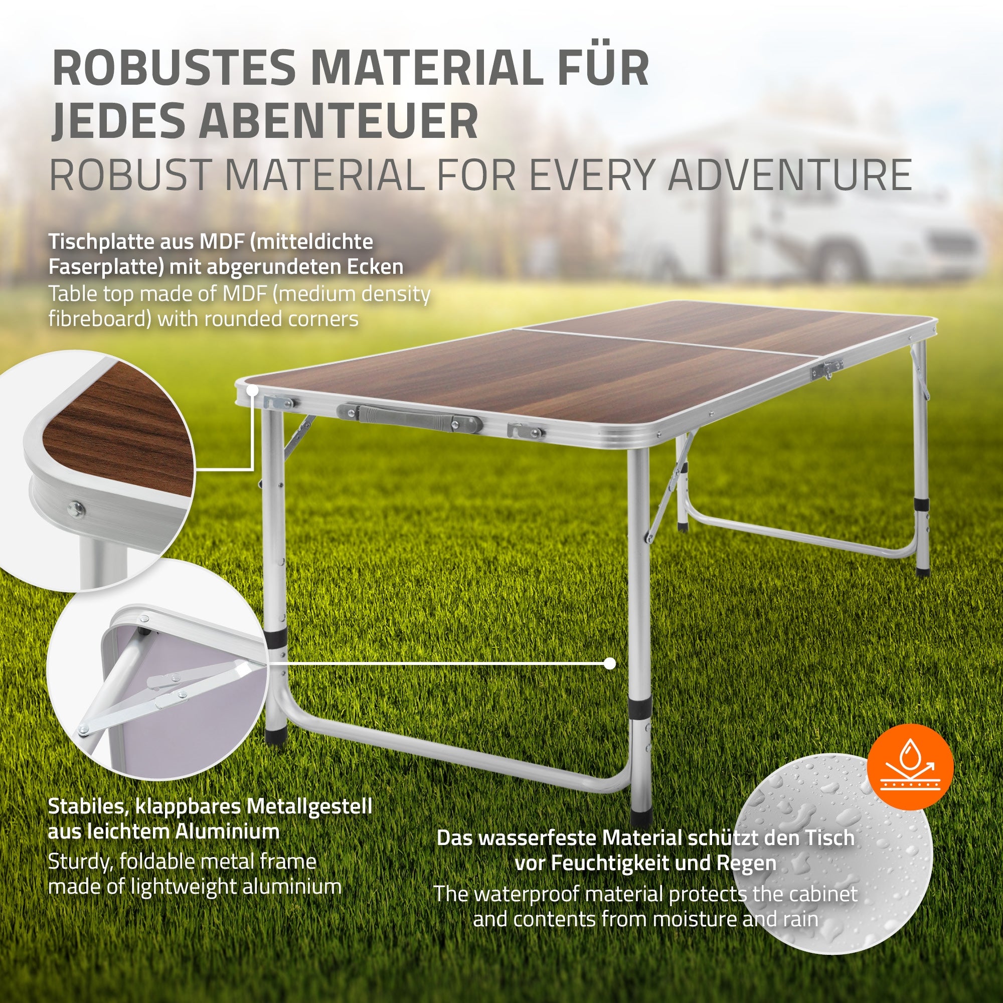 Mesa plegable de MDF con estructura de aluminio, material impermeable.