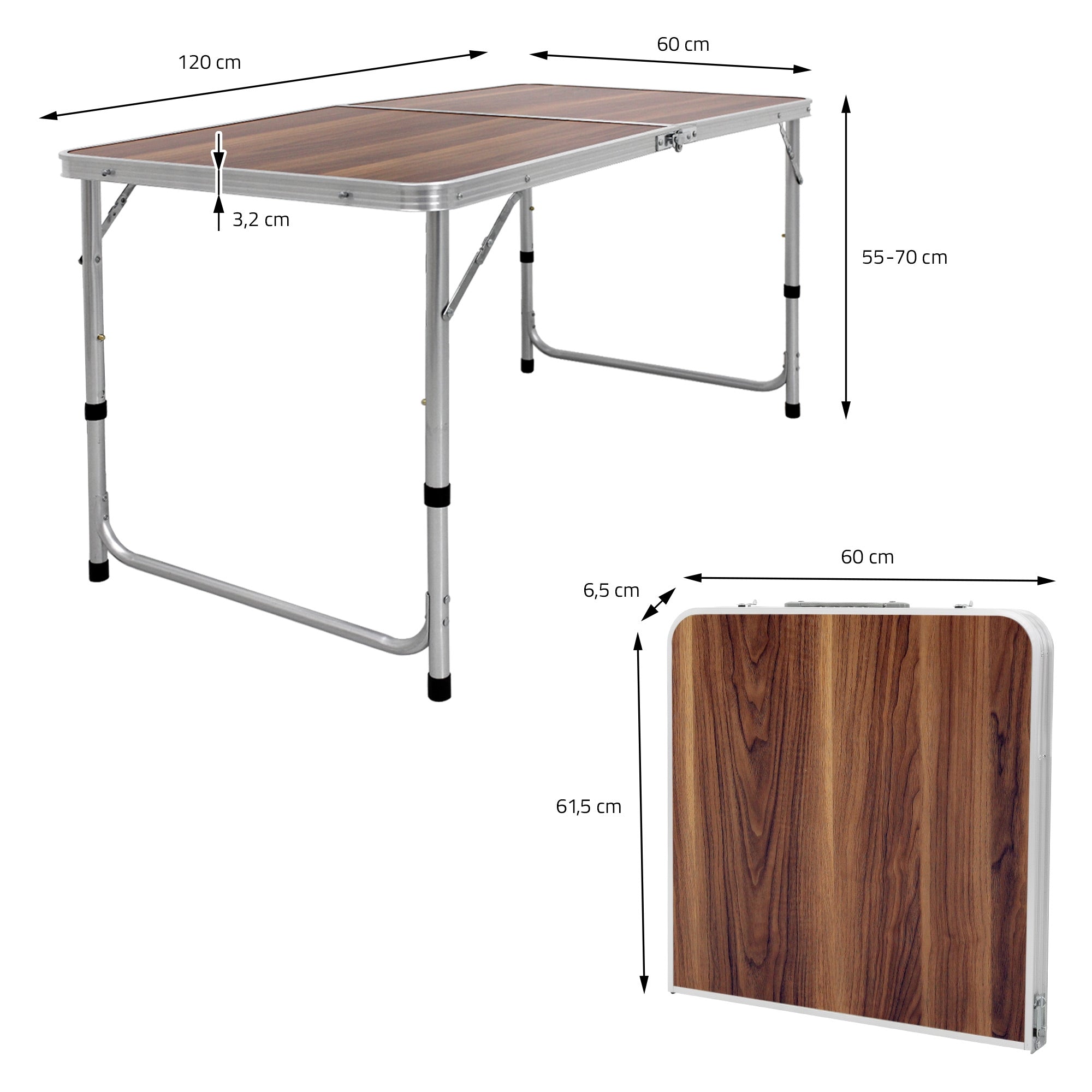 Mesa plegable con medidas de 120 cm x 60 cm, plegada.